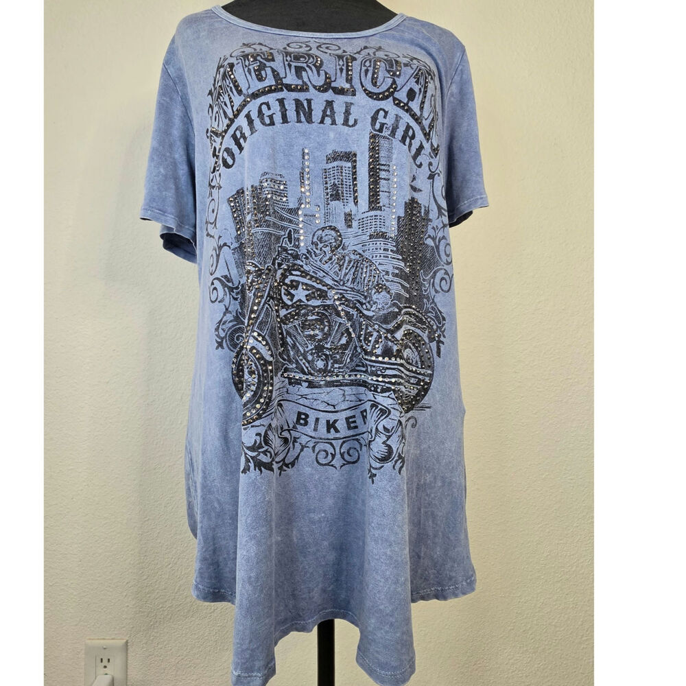 Y2K Acid Wash Graphic Tee Over-size Motorcycle Rhinestone America Original Biker